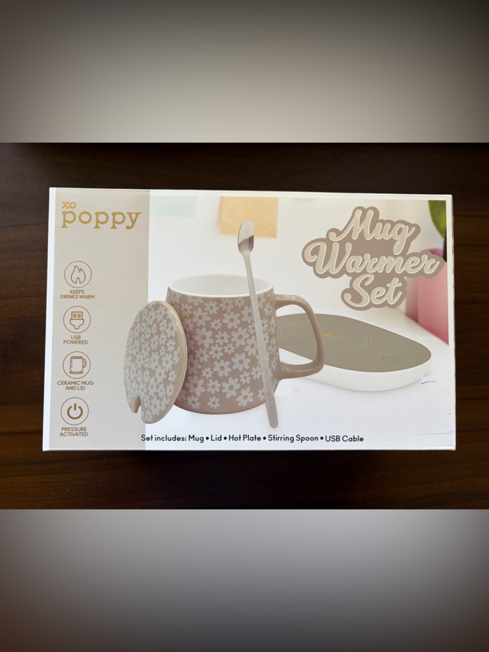 xo poppy Beige Floral Mug Warmer Set with Heated USB Base